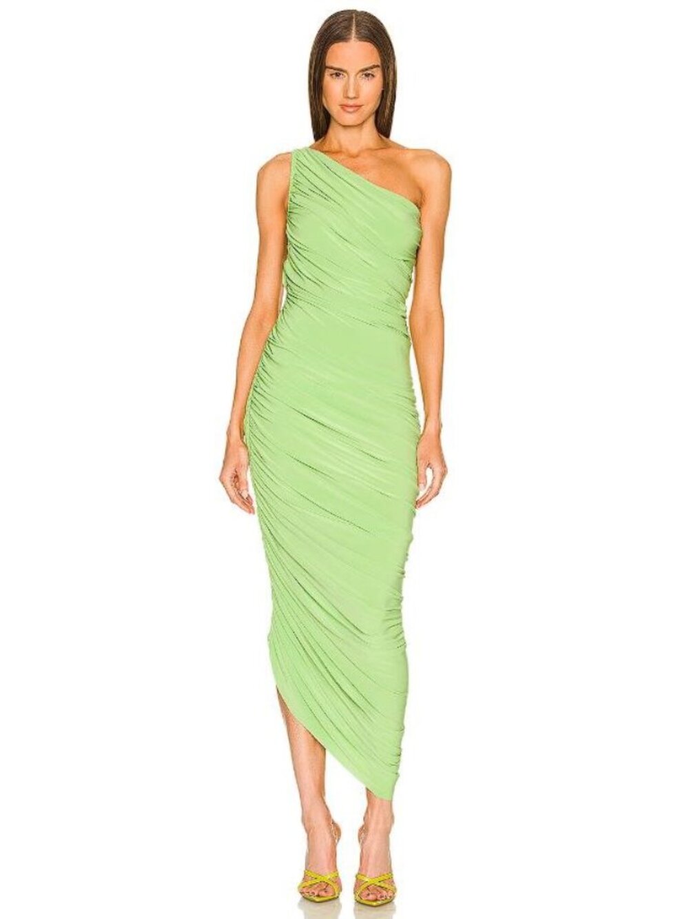 Norma Kamali One-Shoulder Ruched Midi Dress in Lime Green
